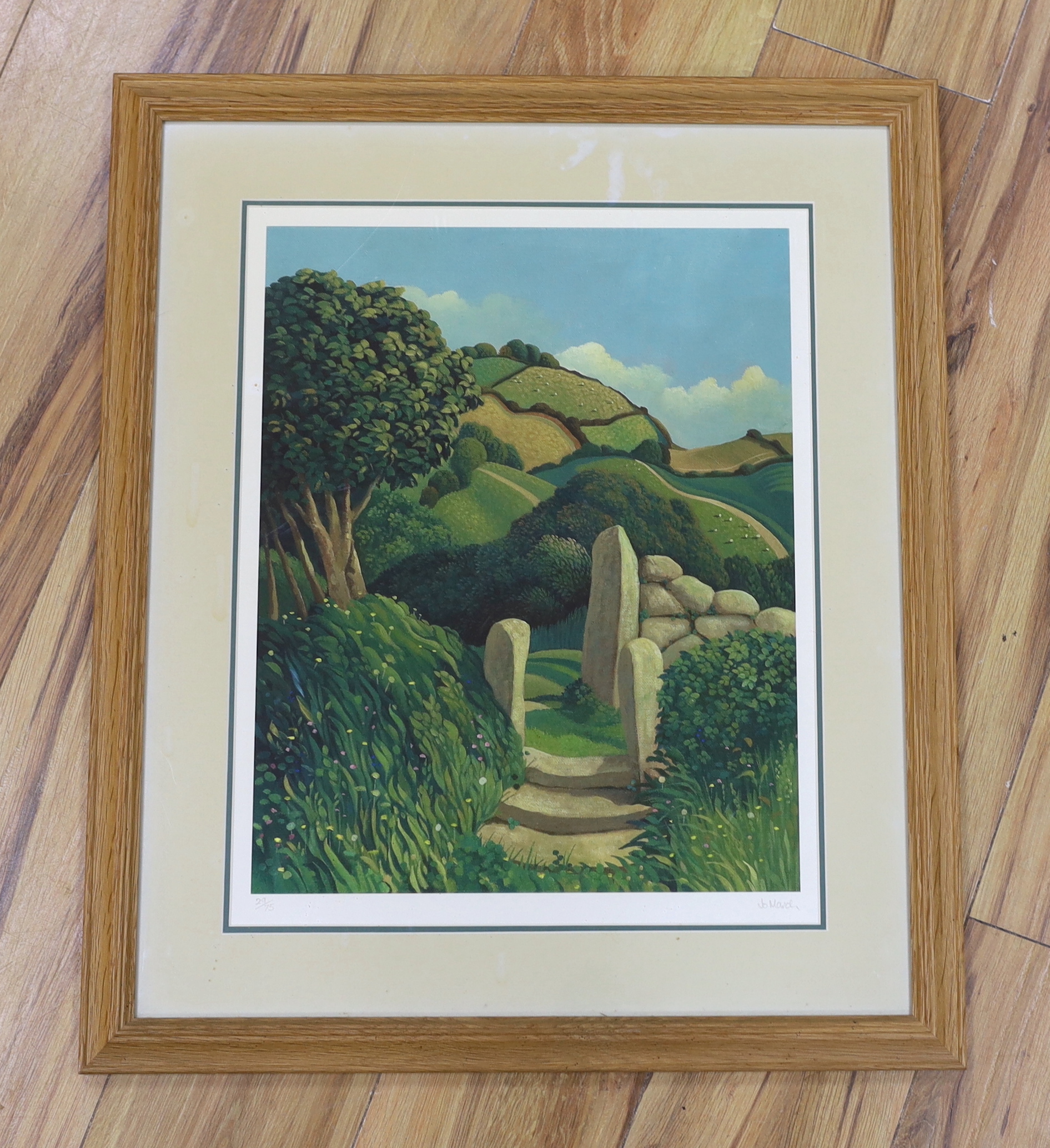 Jo March (b.1962) limited edition colour print, Hillside landscape with path, signed in pencil, 29/75, 47 x 37cm